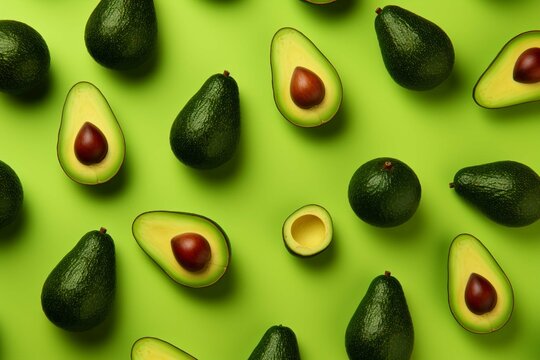 Seamless pattern of flying avocado halves on bright green background.: