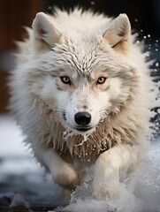 Obraz premium A white wolf running through the snow