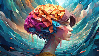 3D polygon colorful brain splash brainstorm and inspire concept