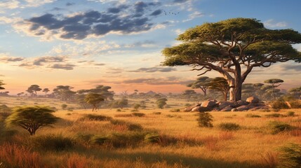 Obraz premium a scene highlighting the beauty of a vast savanna with scattered acacia trees