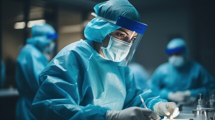 A female surgeon in protective gear is working on a patient in an operating room