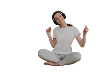 Cheerful woman in casual sitting on cozy orange sofa, listening music eyes closed using headphones against transparent background. Mockup, leisure activity, happy people. weekend at home