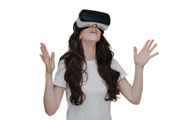 girl with wavy hair in white t-shirt using virtual headset against transparent background, playing at weekend. Young adult hispanic woman spending time with virtual reality glasses