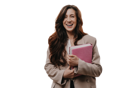 Cheerful woman in beige jacket holds bool looks at camera toothy smiles against transparent background. Attractive businesswoman laughs happily at office. Successful people. Satisfied female.