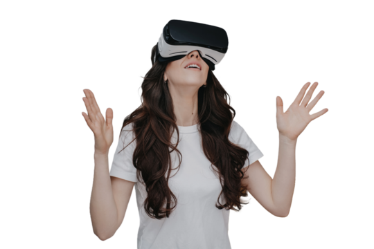 girl with wavy hair in white t-shirt using virtual headset against transparent background, playing at weekend. Young adult hispanic woman spending time with virtual reality glasses - Powered by Adobe