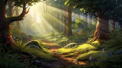 a scene highlighting the beauty of a forest clearing with vibrant patches of sunlight