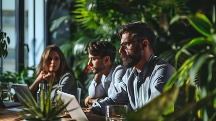 Business leaders are engaged in a strategic team meeting in a modern green office environment, surrounded by lush indoor plants that contribute to a sustainable and eco-friendly workplace atmosphere.
