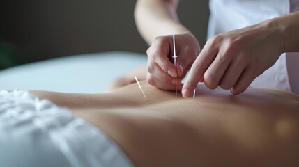 A professional acupuncturist carefully inserts a thin acupuncture needle into the back of a female patient lying face down, as part of a therapeutic treatment to alleviate pain and promote wellness. - obrazy, fototapety, plakaty