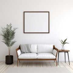 Bright interior of living room with white sofa and houseplants