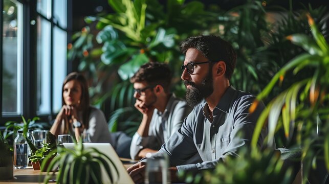 Business leaders are engaged in a strategic team meeting in a modern green office environment, surrounded by lush indoor plants that contribute to a sustainable and eco-friendly workplace atmosphere. - Powered by Adobe
