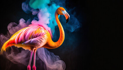 A flamingo made of colorful smoke
