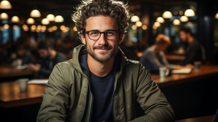 Young man with glasses sitting in a restaurant and looking at the camera. Boy in casual clothes in a bar. Background with copy space. - obrazy, fototapety, plakaty