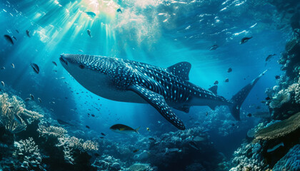 Large whale shark in an aquarium.
