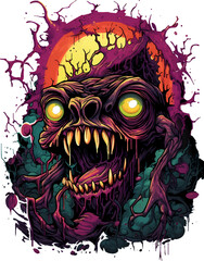 T-shirt design featuring a scary monster head. transparent background