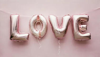 Poster balloons words love hanging on pink wall  valentines day concept © Paula