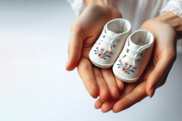 small fabric baby shoes are held by the fingers of a women's hand on a white background. ai generative