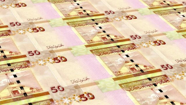 Libya Libyan Dinar 50 Banknotes Money Printing House, Printing Fifty Libyan Dinar, Printing Press Machine Print out Libyan Dinar, Being printed by currency press machine 50 Libyan Dinar banknote