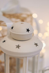 Christmas decoration with candles and snowflakes on a white background.