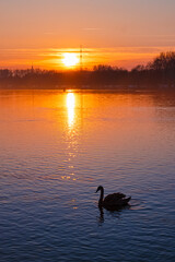 Sunset with reflections near Plattling, Isar, Bavaria, Germany