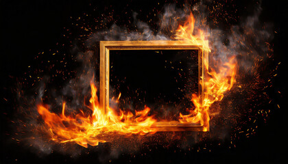 Picture frame in fire embers particles over black background