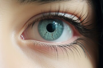 Close up macro beautiful blue female woman girl human eye pupil mascara eyelashes looking at...