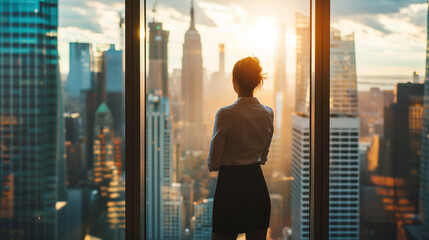 Businesswoman standing in office room on the Skyscraper in New York