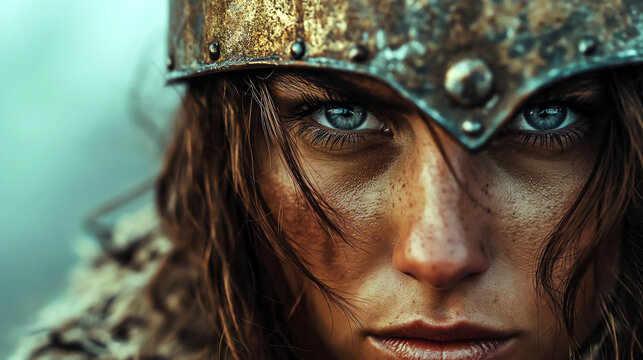 female warrior with helmet and intense eyes fierce gaze