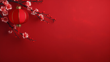 Happy chinese new year beautiful lantern and flowers on red background. Copy space - obrazy, fototapety, plakaty