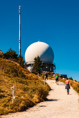 Summer view with a radar antenna dome at Mount Arber, King of the Bavarian Forest, Top of Lower Bavaria, Bayerisch Eisenstein, Bodenmais, Bavaria, Germany