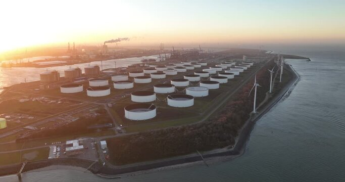 The Import terminal of LNG in Rotterdam. Located on the Maasvlakte close to the port entrance. Aerial drone view. Energy infrastructure.