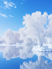 Fototapeta na wymiar A snowy tree next to a lake. Winter landscape