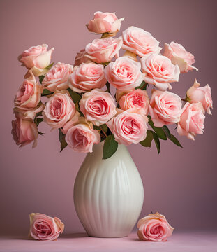 A vase of beautiful roses, in the style dramatic splendor white background, light white and dark pink
