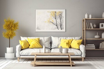 Wooden coffee table near white sofa with grey and yellow pillows against wall with shelves and poster frame. Modern cottage home interior design of modern living room