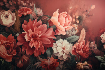 Wallpaper design with floral paint, beautiful red peony flower with leaves
