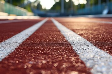 Red running track at the track and field stadium, low angle. The rough pavement is delineated with white lines. - obrazy, fototapety, plakaty