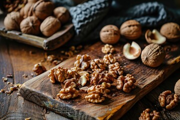 Obraz premium Walnuts whole unpeeled and cracked peeled on a wooden board on a rustic table.