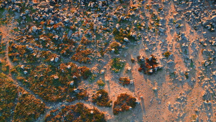 Ocean waves washing rocky seashore. Aerial view stormy surf crashing of cliffs.