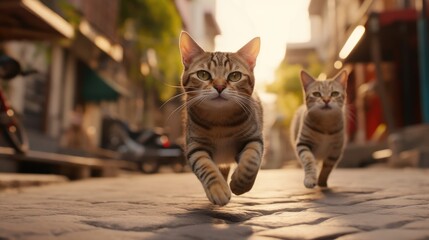 A flock of playful and curious cats runs along a sunny city street.