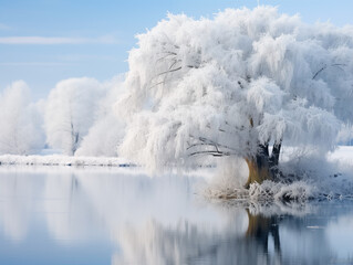 A tree covered in snow and calm lake. Winter landscape