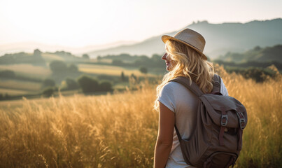 Female hiker traveling, walking alone outdoors with a beautiful summer landscape