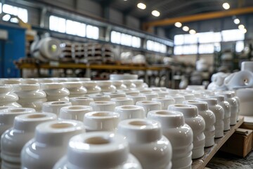 Obraz premium Ceramic electrical insulators in the warehouse of the manufacturer's factory. High voltage equipment for power plants.
