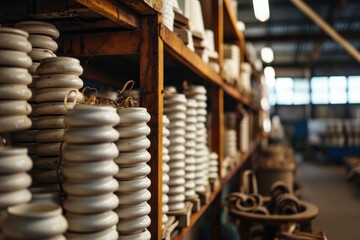 Ceramic electrical insulators in the warehouse of the manufacturer's factory. High voltage equipment for power plants. - obrazy, fototapety, plakaty