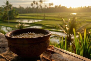 Rice in a clay bowl against a background of rice paddies on a sunset summer day. Traditional Asian...