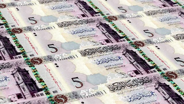 Libya Libyan Dinar 5 Banknotes Money Printing House, Printing Five Libyan Dinar, Printing Press Machine Print out Libyan Dinar, Being printed by currency press machine 5 Libyan Dinar banknote