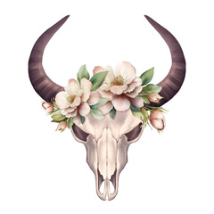 Bohemian bull skull. Western bull with flowers. Isolated on white. Boho skull style. Hand drawn illustration - 703836733