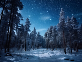 Fairytale night forest covered with snow in the moonlight. Winter landscape. New Year concept
