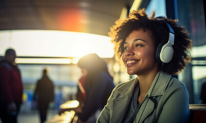 Happy black skin female traveler in airport, Woman sitting in headphones at the terminal waiting for her flight in boarding lounge.