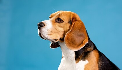 Close-up portrait of an adorable dog, isolated on a blue background with large copy space.