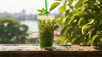 Refreshing Green Smoothie Overlooking Nature's Beauty