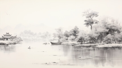 landscape with lake and trees, Chinese Ink wash painting